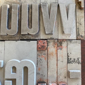 Pu&ograve; includere: Un set di blocchi di stampa tipografica in metallo vintage, tra cui le lettere U, V ed F, nonch&eacute; il numero 90. I blocchi sono in metallo grigio con un po' di ruggine e usura.
