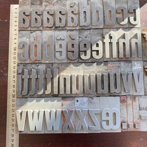 Pu&ograve; includere: Un set di blocchi di stampa tipografica in metallo vintage, che include le lettere c, d, e, f, g, h, i, j, l, m, n, o, p, q, r, s, t, u, v, w, x, y, z e il numero 0. I blocchi sono disposti in file e sono in metallo argentato.