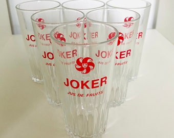 JOKER - Complete set of 6 vintage 1970s bistro advertising glasses for Jus de Fruits