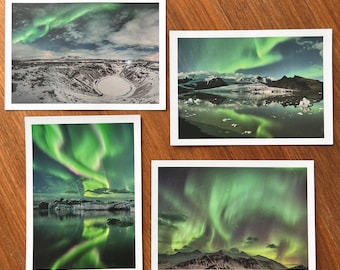 Postales de aurora boreal / juego de postales de auroras boreales / postales islandesas - conjunto de postales de fotografía de recuerdo de Islandia de 4