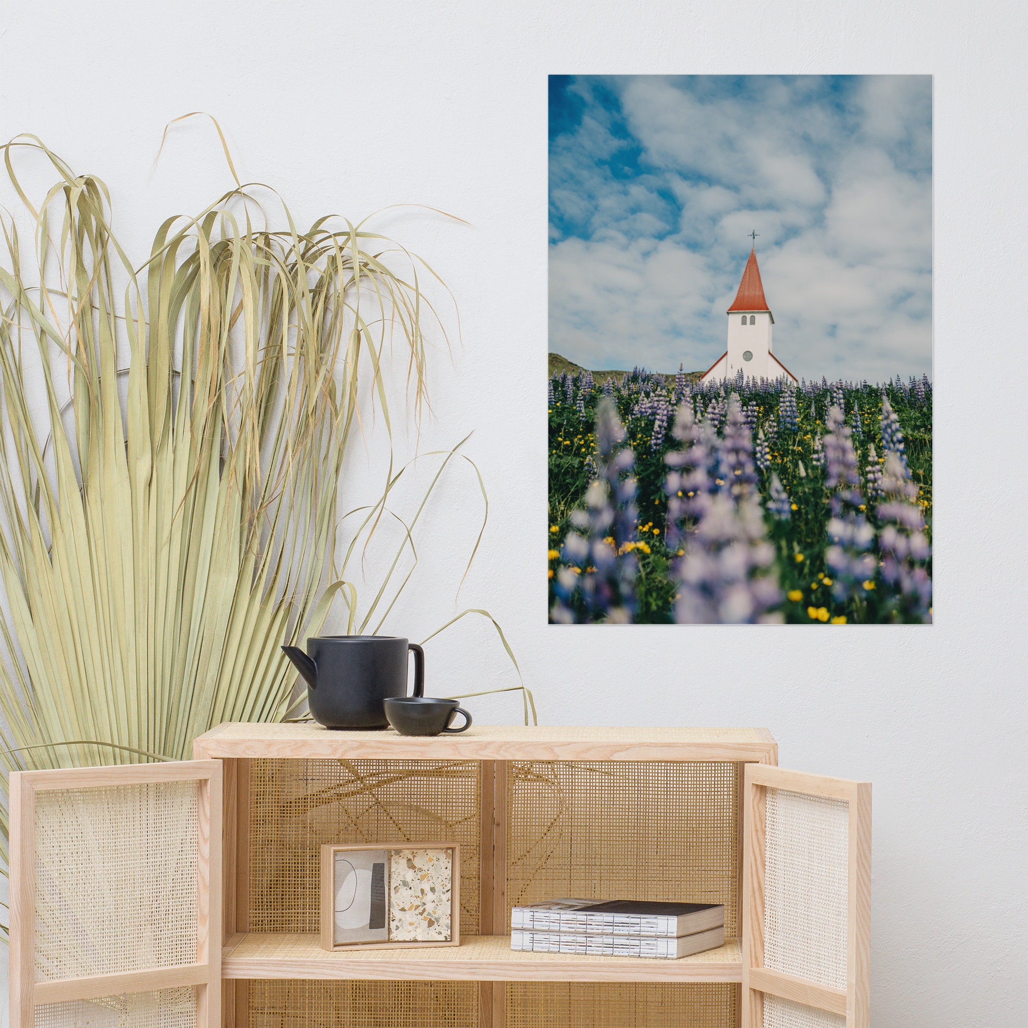 Church in Vik during lupines season | South Iceland Photography Wall Art