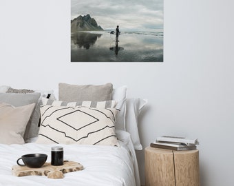 Surfer on Stokksnes beach | Vestrahorn Print | Iceland Surfing Photography