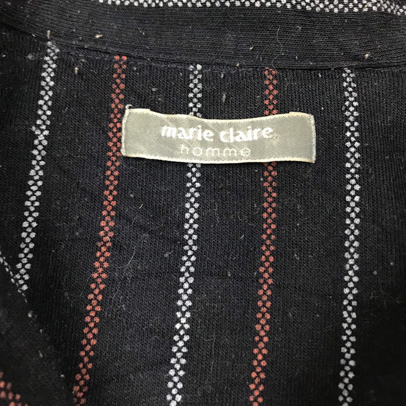 Rare !! Vintage Marie Claire Homme Button Up Polos Shirt Spellout Big Logo Stripe Design Jumper Pullover Sweater Fashion Streetwear Hip Hop