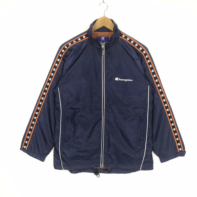 Vintage CHAMPION Jacket Spellout Big Logo Side Tape Design Sportwear Nice Design Multicolour Sweater Retro Rap tees Hip Hop Swag Rare !!