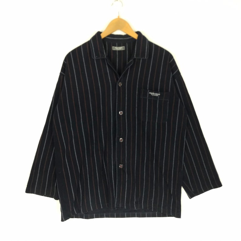 Rare !! Vintage Marie Claire Homme Button Up Polos Shirt Spellout Big Logo Stripe Design Jumper Pullover Sweater Fashion Streetwear Hip Hop
