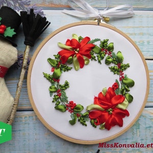 Silk ribbon embroidery KIT diy beginner wall art tutorial christmas wreath pattern Framed picture 3d applique design kit adult poinsettia