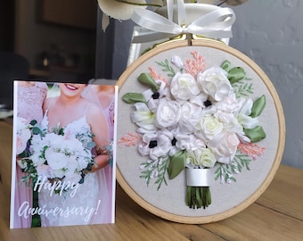 Custom Wedding Bouquet Embroidery, Linen Anniversary Gift