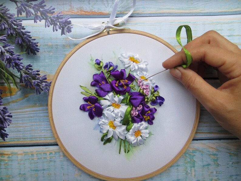 Silk ribbon embroidery KIT diy beginner wall art tutorial Etsy
