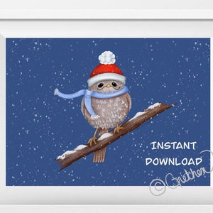 Winter Bird in the Snow Winter Hat Christmas Art Winter Print Snowy Bird Instant Download Wall Art Winter Art Christmas Print Bird Lover