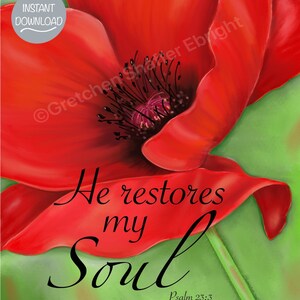 May include: A red poppy flower with a green background. The text "He restores my Soul" is written in black cursive script with the Bible verse "Psalm 23:3" below it.