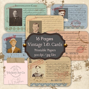 Vintage look werknemersidentiteitskaarten, pluslabels, tags, achtergrondpapier, vintage beroepen, oude foto's, 16 pagina's junkjournals, papierkunst