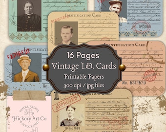 May include: 16 pages of printable vintage identification cards with a distressed, aged look. The cards feature a variety of designs, including a person's photo, a registration number, and a date. The cards are perfect for scrapbooking, card making, and other craft projects.