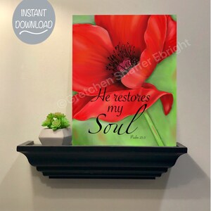 May include: A red poppy flower with a green background. The text "He restores my Soul" is written in black cursive font with the Bible verse "Psalm 23:3" below it.