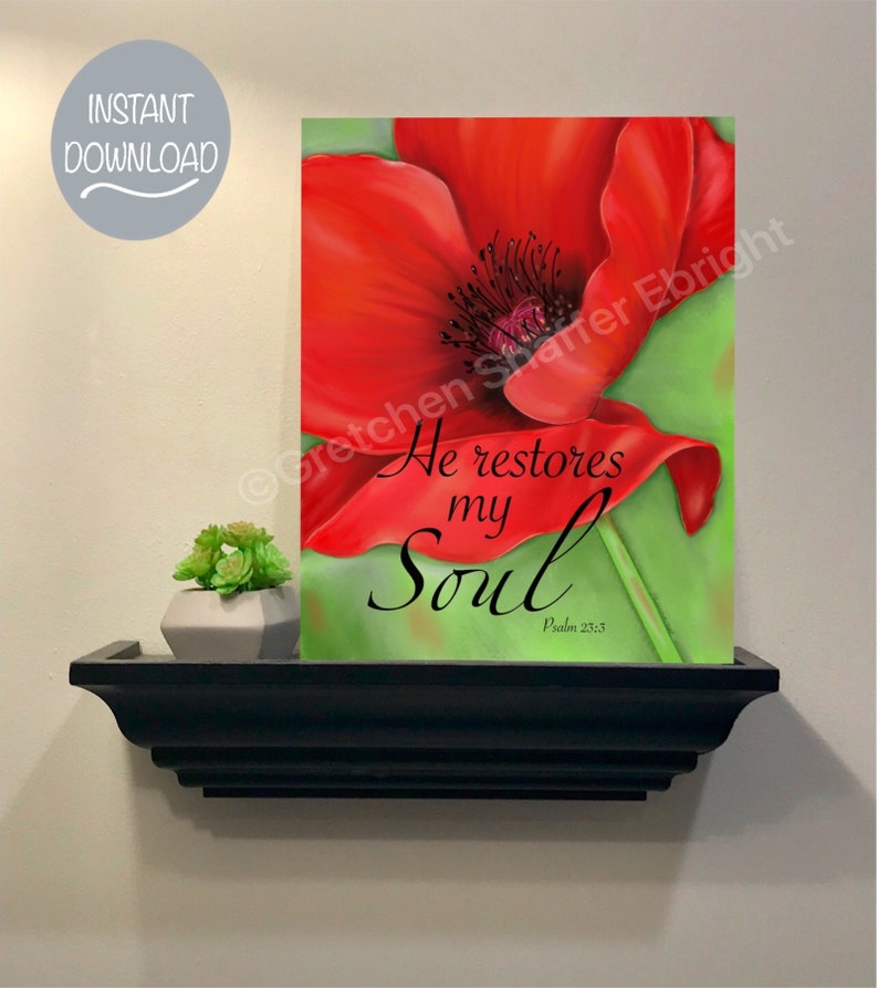 May include: A red poppy flower with a green background. The text "He restores my Soul" is written in black cursive font with the Bible verse "Psalm 23:3" below it.