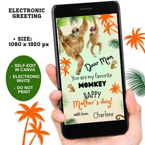 Muttertag Telefon Affe Ecard, momkey editierbare digitale Muttertag Karte, Muttertag Grußkarte für Mama, Ecard für Mama, sofort Download