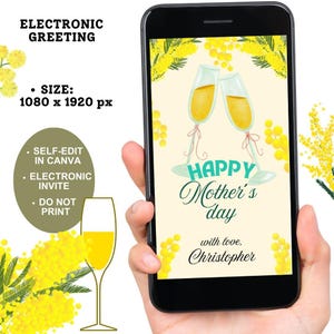 Biglietto elettronico floreale Mimosa per la festa della mamma, invito modificabile per telefono, biglietto d'auguri digitale Mimosa, 1080x1920, download immediato, ecologico senza carta