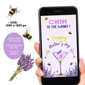 Prost Muttertag elektronische Blumen Ecard, bearbeitbares Evite für Telefon, digitale Cocktailgrußkarte, 1080x1920, Biene, die Ecard, Lavendel erstellt