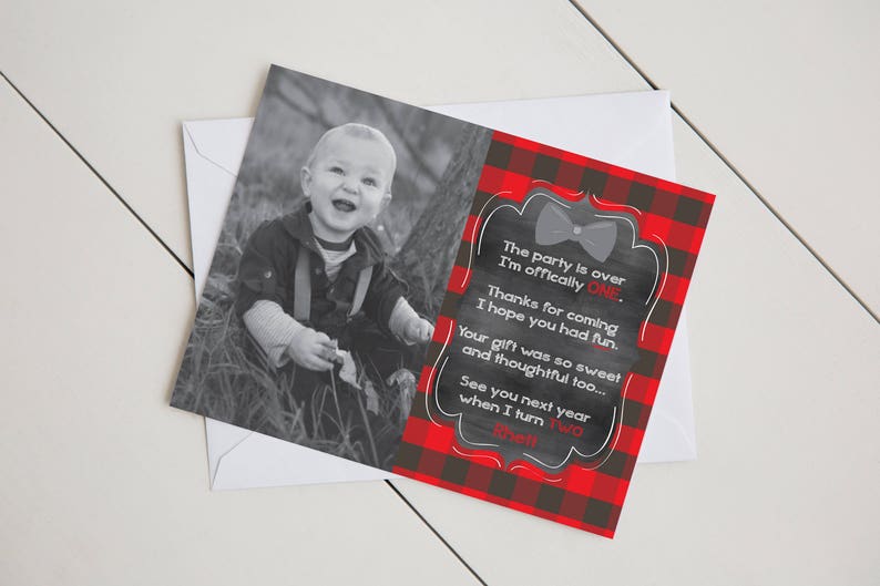 Little Man Birthday Thank You Card \u2022 Photo Thank You Card \u2022 Plaid Bowtie \u2022 5.5x4 \u2022 Printable \u2022 Digital \u2022\u00a0Customizable Red Black