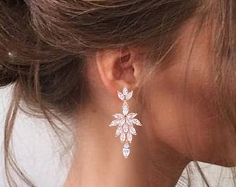 Crystal Bridal Earrings Drop Earrings Silver Wedding Jewelry Crystal Leaf Earrings Rose Gold Bridal Jewelry Silver bridal earrings