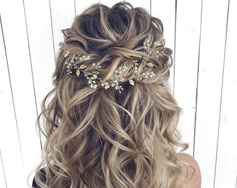 Floral Hair Vine Leaf Bridal hair vine Pearl Bridal headband Leaf Bridal hair piece Gold Wedding headband Pearl Bridal hair piece