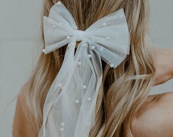 Wedding Veil Bow Veil Tulle Pearl Bridal Bow Wedding Bow Pearl Veil Bride Veil Bow Bridal Hair Accessory Wedding Hair Accessories for Bride