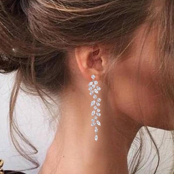 Pendientes de novia de cristal Pendientes largos de boda Joyas de boda Pendientes de novia de plata Joyas de boda Pendientes de novia Pendientes MOB Pendientes MOG