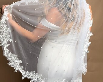 Lace Veil Pearl Veil with comb Lace Veil Elbow Veil for Bride Veil with lace Cathedral Veil Lace Fingertip Veil