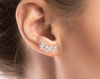 Ear Climbers Stud Earrings Minimalist Ear Crawlers Bridesmaids earrings Leaf Crystal Earrings  silver Wedding Earrings Crystal Earrings