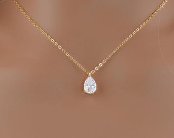 Tear Drop Necklace Pendant Minimalist Necklace Diamond Necklace Bridal Jewelry Dainty Necklace Bridesmaid Jewelry Gift for her under 25