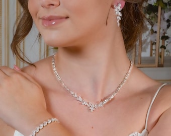 Crystal Necklace set Silver Wedding Jewelry for Bride Silver Bridal Jewelry Crystal Bridal Necklace Set Bridesmaid Jewelry Set