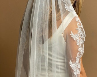 Lace Veil Cathedral White Veil with comb Lace Veil Elbow Veil for Bride Veil with lace Cathedral Veil Lace Fingertip Veil