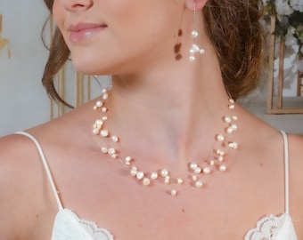 Pearl Necklace Floating Pearl Bridal Necklace Set Pearl Wedding Jewelry Pearl Wedding Necklace Bridal Jewelry Mothers day gift