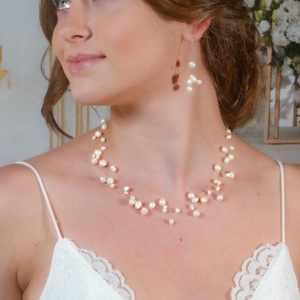 Pearl Necklace Floating Pearl Bridal Necklace Set Pearl Wedding Jewelry Pearl Wedding Necklace Bridal Jewelry Mothers day gift