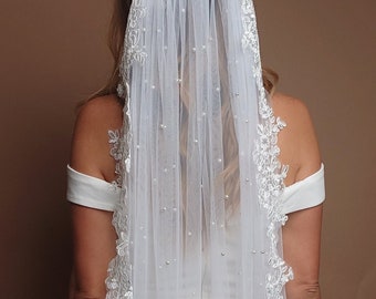 Lace Veil Pearl Veil with comb Lace Veil Elbow Veil for Bride Veil with lace Cathedral Veil Lace Fingertip Veil