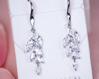 Crystal Bridal Earrings Silver Leaf Earrings Drop Wedding Earrings Bridal Jewelry Bridesmaids Earrings  Crystal Earrings