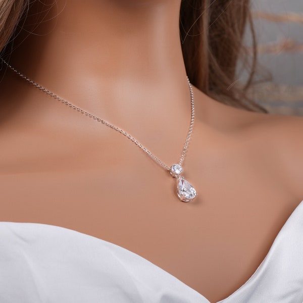 Crystal Necklace Set Teardrop Bridal Necklace Drop Silver Crystal Earrings Bridal Jewelry Quinceanera Jewelry Set Simple Necklace