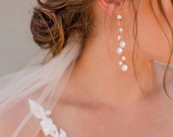 Pendientes de perlas cuelgan pendientes nupciales pendientes de boda de perlas pendientes largos de perlas joyería nupcial de oro cuelgan pendientes de perlas