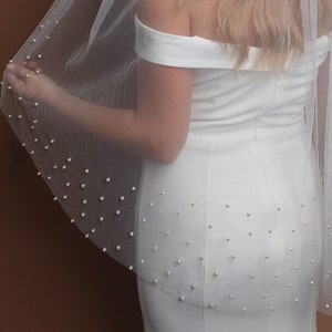 Pearl Veil White Wedding Veil Fingertip Veil Pearl Veil Pearl Elbow Veil for Bride Veil with pearls Pearl Cathedral Veil
