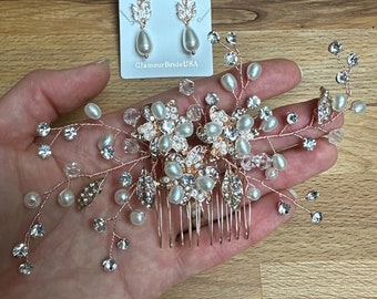 Elegant Handcrafted Glass Pearl Moonstone and Rose Quartz White Rose Hair comb Elegant Handcrafted Glass Pearl Moonstone and Rose Quartz  main image 4