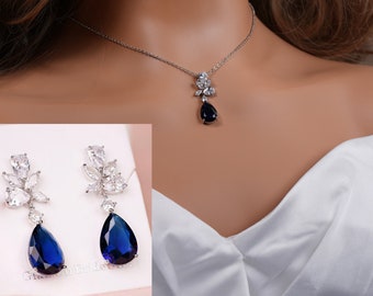 Sapphire Bridal Necklace Set Crystal Bridal Earrings Blue Sapphire Wedding Earrings Bridal Jewelry Set MOB Earrings MOG Sapphire Earrings