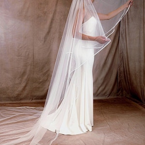 May include: A long, sheer white bridal veil with a delicate white trim. The veil is worn over a white wedding dress. The veil extends to the floor, creating a dramatic effect. The background is a neutral brown.
