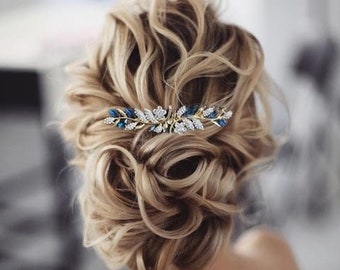 Blue Sapphire hair piece Crystal hair comb Floral Bridal Hair Accessories Sapphire Wedding Hair Accessory MOG MOB MOH Hair piece