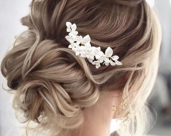White Floral Hair Comb Ceramic Bridal Hair piece Floral Wedding Hair Accessory White Bridal Hair pin  Bridal Hair Accessory Bridesmaids Hair