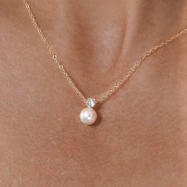 Pearl Necklace Dainty Pearl Diamond Necklace Bridal Necklace Bridesmaid Necklace Set Minimalist Wedding Jewelry Gift for her