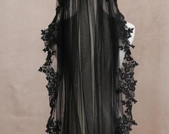 Velo negro de encaje, velo de novia negro, velo gótico, velo de bruja, velo de Halloween, velo de novia gótico