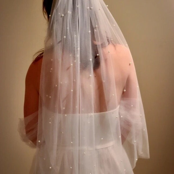 Pearl Veil White Wedding Veil Fingertip Veil Pearl Veil Pearl Elbow Veil for Bride Veil with pearls Pearl Cathedral Veil