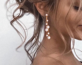 Pearl Earrings Long Bridal Earrings Pearl Wedding Earrings Long Pearl Earrings Gold Bridal Jewelry Dangle Pearl Earrings