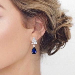 Sapphire Bridal Earrings Crystal Bridal Earrings Blue Sapphire Wedding Earrings Bridal Jewelry Bridesmaids Earrings Crystal Drop Earrings