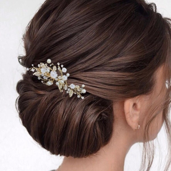 Peigne à cheveux floral, accessoire de cheveux de mariée, perle dorée, peigne pour cheveux de mariage, accessoire de cheveux de demoiselle d'honneur