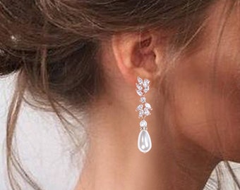 Pearl Crystal Earrings Drop Wedding Earrings Pearl Bridal Earrings Pearl Silver Earrings Rose gold bridal earrings Bridesmaids earrings